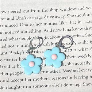 Light blue flower silver hoop dangle earrings